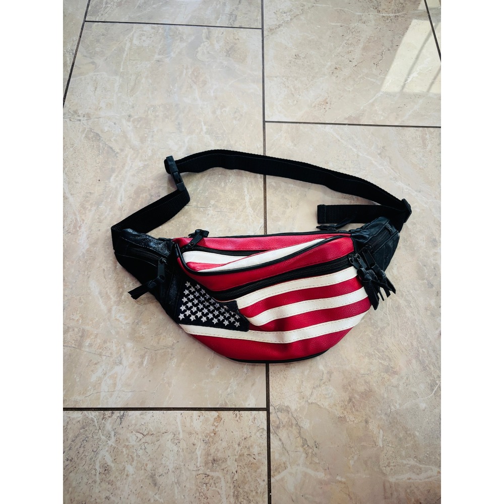 Vintage Leather American Flag Fanny Pack USA Stars Stripes Biker Waist Bag